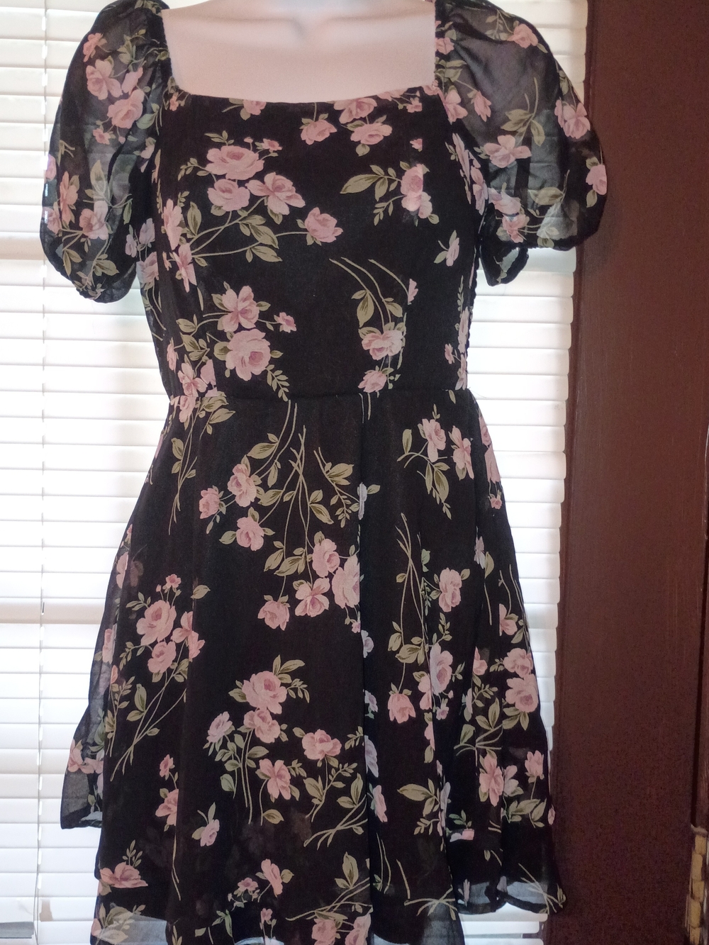 Black Floral Puff-Sleeve Dress with Pink Roses